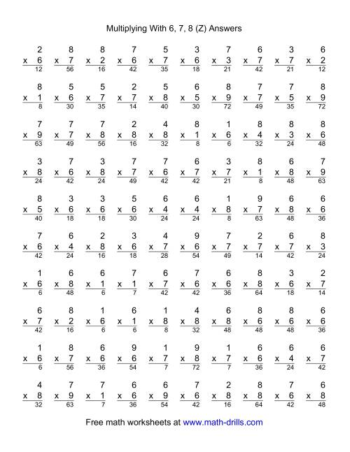 The 100 Vertical Questions -- Multiplication Facts -- 6-8 by 1-9 (Z) Math Worksheet Page 2