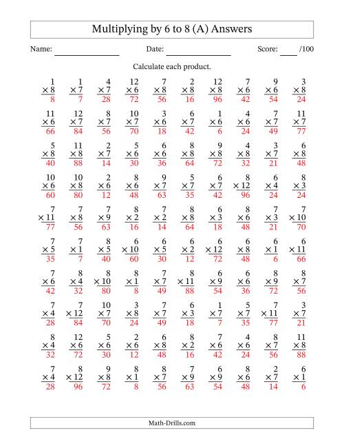 The Multiplying (1 to 12) by 6 to 8 (100 Questions) (A) Math Worksheet Page 2