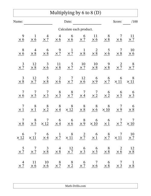 The Multiplying (1 to 12) by 6 to 8 (100 Questions) (D) Math Worksheet