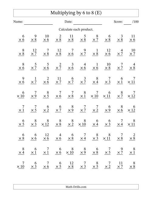 The Multiplying (1 to 12) by 6 to 8 (100 Questions) (E) Math Worksheet