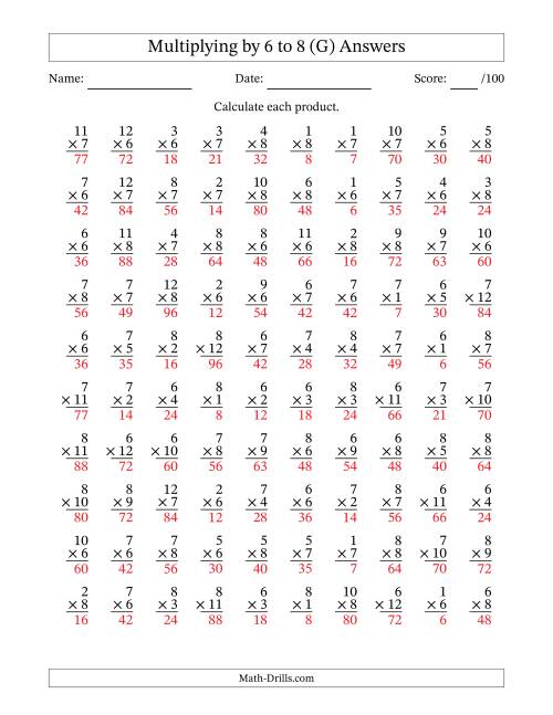 The Multiplying (1 to 12) by 6 to 8 (100 Questions) (G) Math Worksheet Page 2