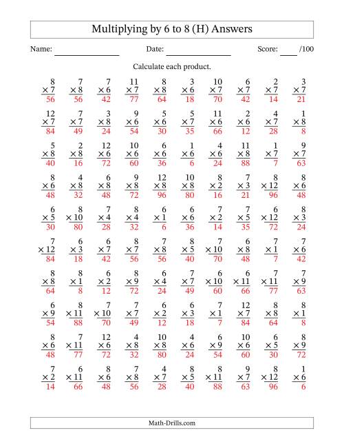 The Multiplying (1 to 12) by 6 to 8 (100 Questions) (H) Math Worksheet Page 2