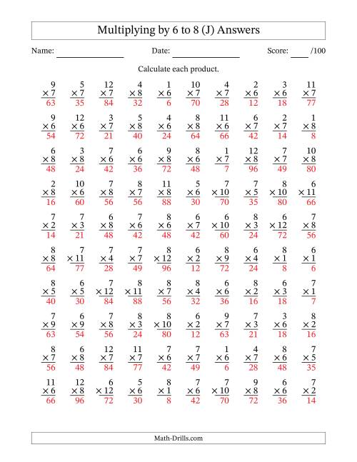 The Multiplying (1 to 12) by 6 to 8 (100 Questions) (J) Math Worksheet Page 2