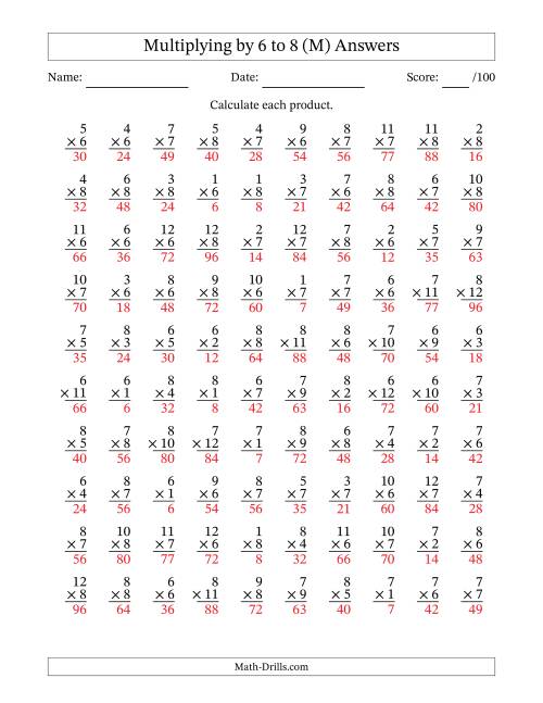 The Multiplying (1 to 12) by 6 to 8 (100 Questions) (M) Math Worksheet Page 2