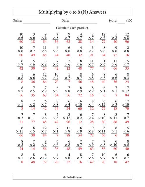The Multiplying (1 to 12) by 6 to 8 (100 Questions) (N) Math Worksheet Page 2
