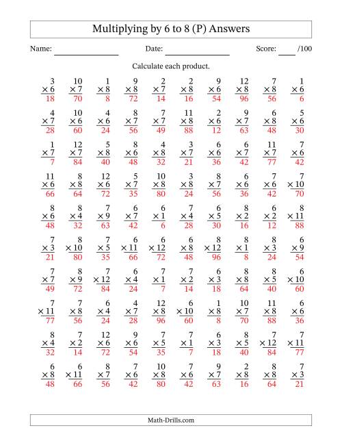 The Multiplying (1 to 12) by 6 to 8 (100 Questions) (P) Math Worksheet Page 2
