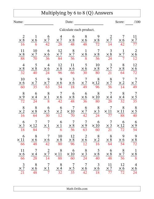 The Multiplying (1 to 12) by 6 to 8 (100 Questions) (Q) Math Worksheet Page 2