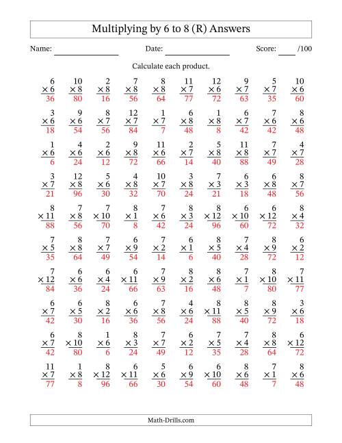 The Multiplying (1 to 12) by 6 to 8 (100 Questions) (R) Math Worksheet Page 2