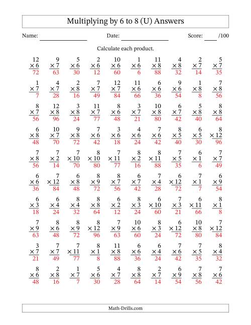 The Multiplying (1 to 12) by 6 to 8 (100 Questions) (U) Math Worksheet Page 2