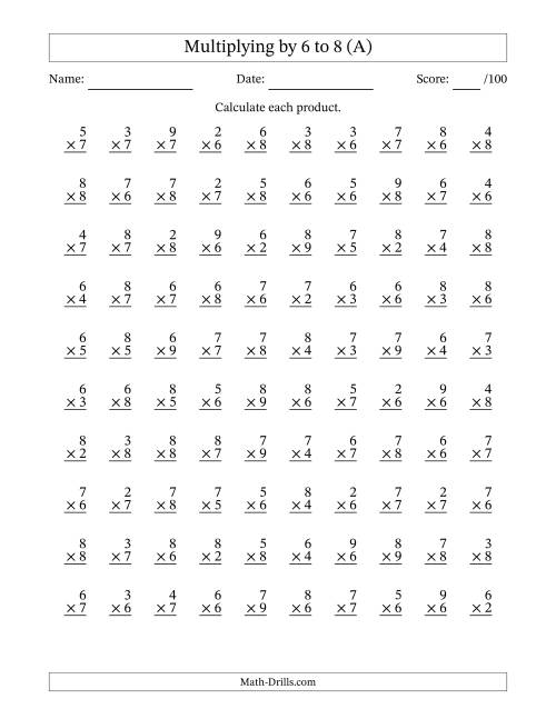 The Multiplying (2 to 9) by 6 to 8 (100 Questions) (A) Math Worksheet