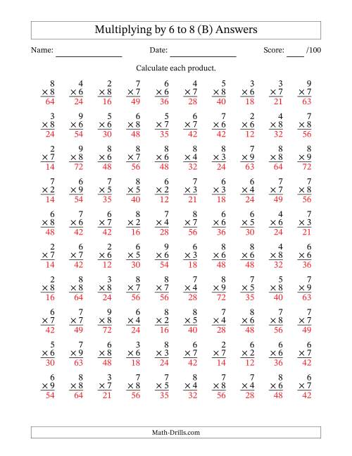 The Multiplying (2 to 9) by 6 to 8 (100 Questions) (B) Math Worksheet Page 2