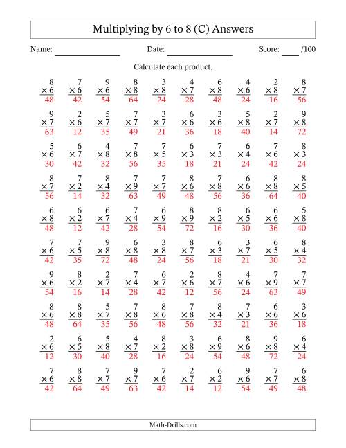 The Multiplying (2 to 9) by 6 to 8 (100 Questions) (C) Math Worksheet Page 2