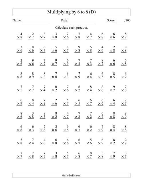 The Multiplying (2 to 9) by 6 to 8 (100 Questions) (D) Math Worksheet