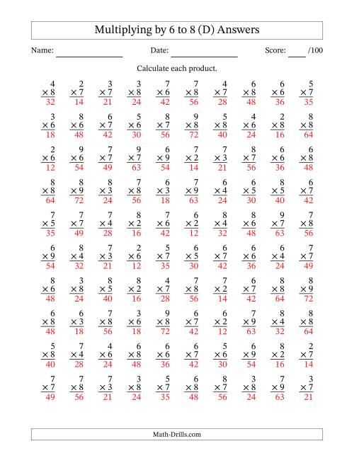 The Multiplying (2 to 9) by 6 to 8 (100 Questions) (D) Math Worksheet Page 2