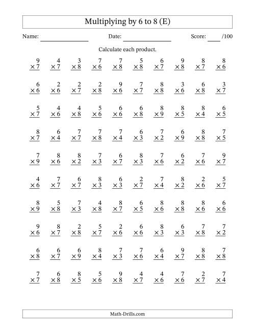 The Multiplying (2 to 9) by 6 to 8 (100 Questions) (E) Math Worksheet