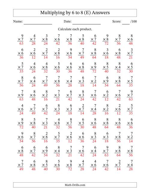 The Multiplying (2 to 9) by 6 to 8 (100 Questions) (E) Math Worksheet Page 2