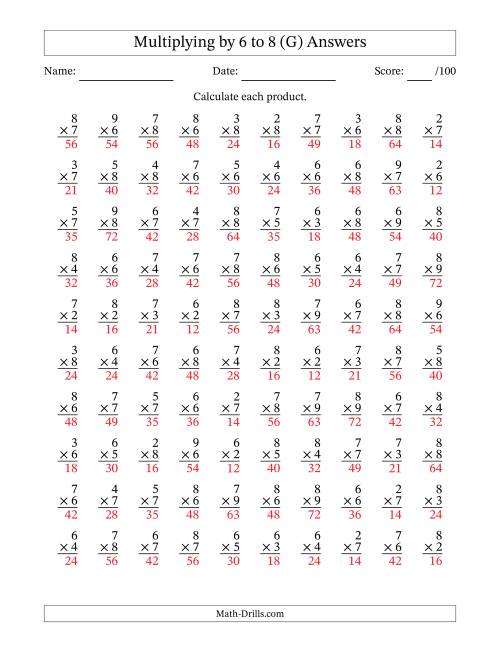 The Multiplying (2 to 9) by 6 to 8 (100 Questions) (G) Math Worksheet Page 2