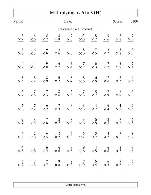 The Multiplying (2 to 9) by 6 to 8 (100 Questions) (H) Math Worksheet
