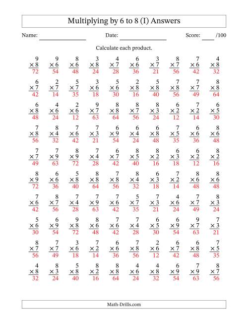 The Multiplying (2 to 9) by 6 to 8 (100 Questions) (I) Math Worksheet Page 2