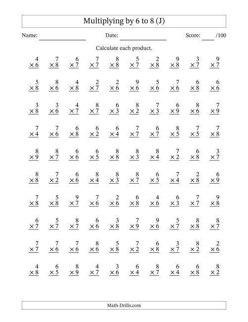 The Multiplying (2 to 9) by 6 to 8 (100 Questions) (J) Math Worksheet