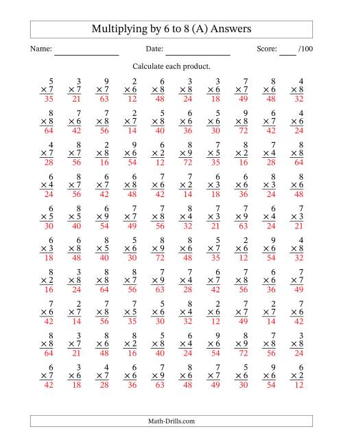 The Multiplying (2 to 9) by 6 to 8 (100 Questions) (All) Math Worksheet Page 2