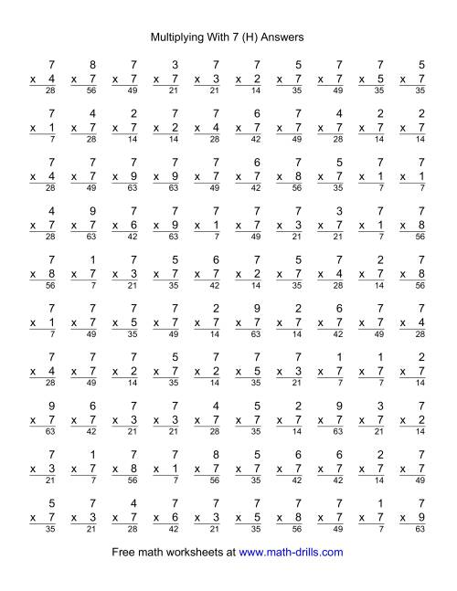 The 100 Vertical Questions -- Multiplication Facts -- 7 by 1-9 (H) Math Worksheet Page 2
