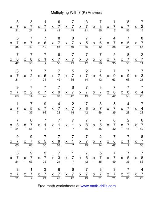 The 100 Vertical Questions -- Multiplication Facts -- 7 by 1-9 (K) Math Worksheet Page 2