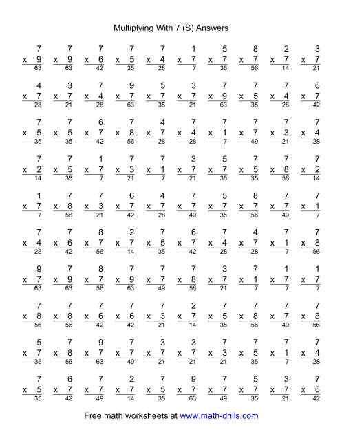 The 100 Vertical Questions -- Multiplication Facts -- 7 by 1-9 (S) Math Worksheet Page 2