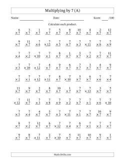 Multiplying (1 to 12) by 7 (100 Questions)