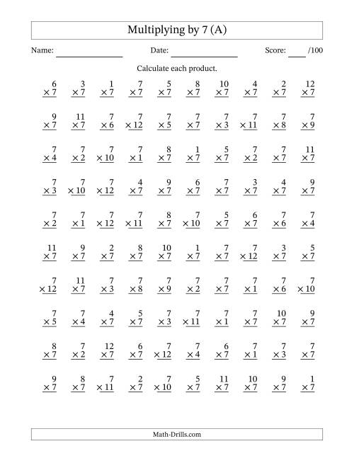 Multiplying 1 to 12 by 7 (A) Multiplication Worksheet