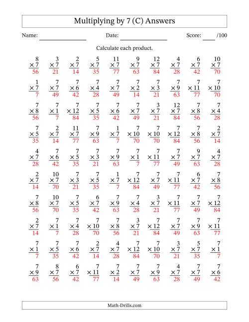 The Multiplying (1 to 12) by 7 (100 Questions) (C) Math Worksheet Page 2