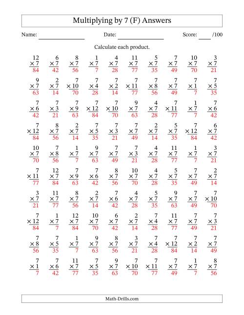 The Multiplying (1 to 12) by 7 (100 Questions) (F) Math Worksheet Page 2