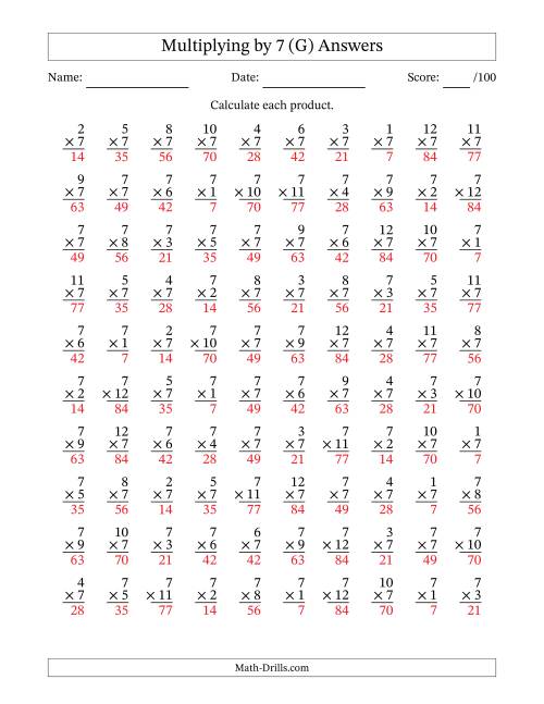 The Multiplying (1 to 12) by 7 (100 Questions) (G) Math Worksheet Page 2