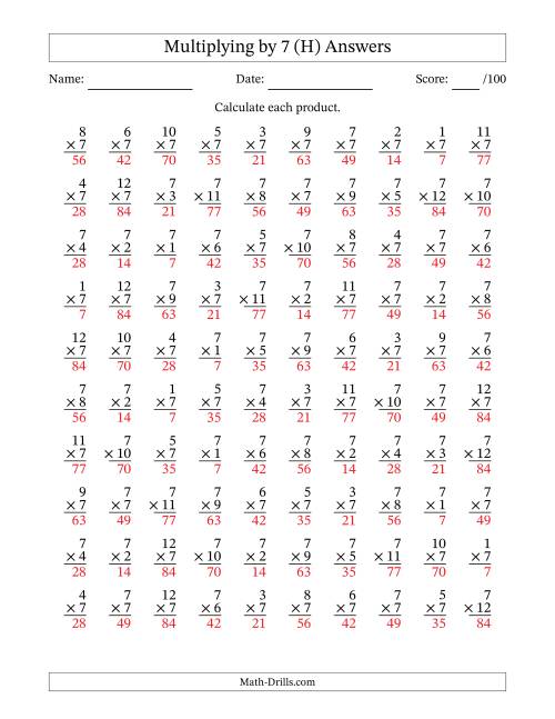 The Multiplying (1 to 12) by 7 (100 Questions) (H) Math Worksheet Page 2