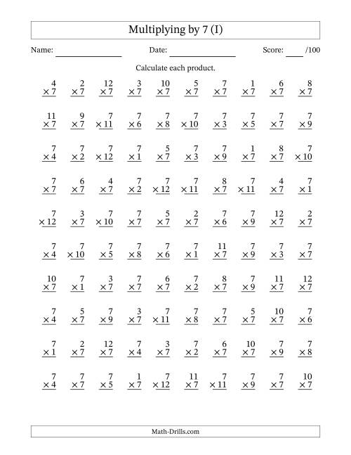 The Multiplying (1 to 12) by 7 (100 Questions) (I) Math Worksheet