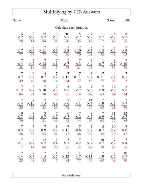 The Multiplying (1 to 12) by 7 (100 Questions) (I) Math Worksheet Page 2