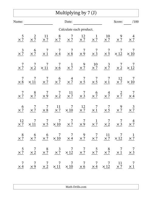 The Multiplying (1 to 12) by 7 (100 Questions) (J) Math Worksheet