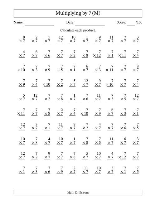The Multiplying (1 to 12) by 7 (100 Questions) (M) Math Worksheet