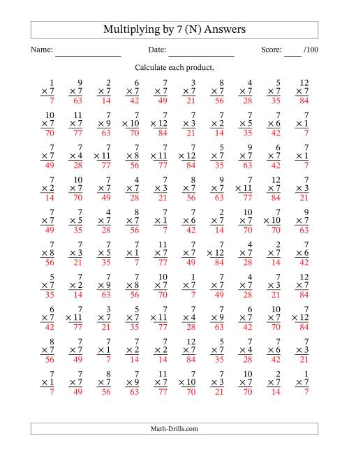 The Multiplying (1 to 12) by 7 (100 Questions) (N) Math Worksheet Page 2