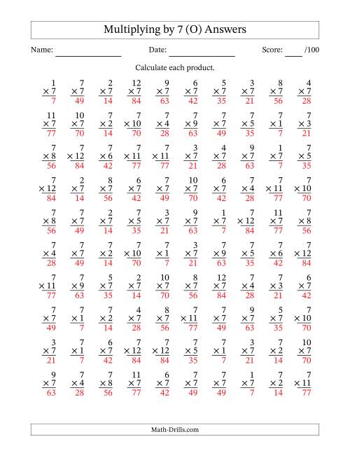 The Multiplying (1 to 12) by 7 (100 Questions) (O) Math Worksheet Page 2