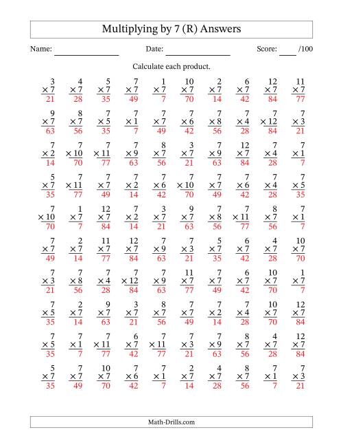 The Multiplying (1 to 12) by 7 (100 Questions) (R) Math Worksheet Page 2