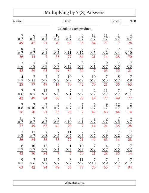 The Multiplying (1 to 12) by 7 (100 Questions) (S) Math Worksheet Page 2