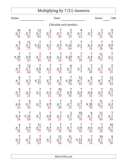 The Multiplying (1 to 12) by 7 (100 Questions) (U) Math Worksheet Page 2