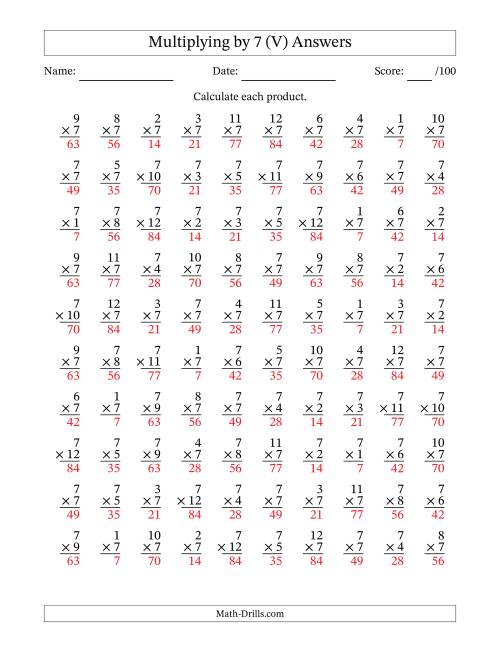 The Multiplying (1 to 12) by 7 (100 Questions) (V) Math Worksheet Page 2