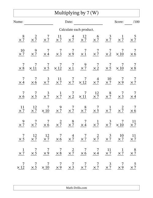 The Multiplying (1 to 12) by 7 (100 Questions) (W) Math Worksheet
