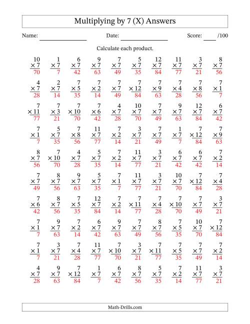 The Multiplying (1 to 12) by 7 (100 Questions) (X) Math Worksheet Page 2