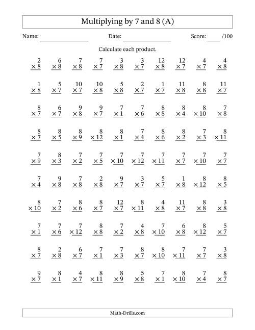 The Multiplying (1 to 12) by 7 and 8 (100 Questions) (A) Math Worksheet
