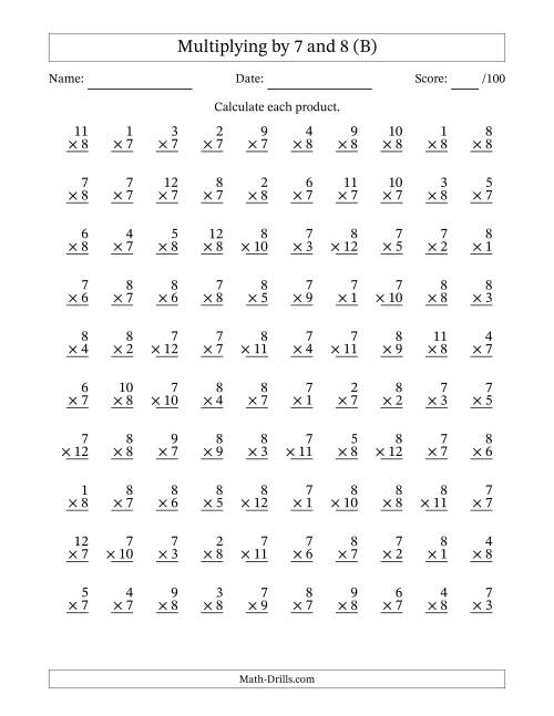 The Multiplying (1 to 12) by 7 and 8 (100 Questions) (B) Math Worksheet