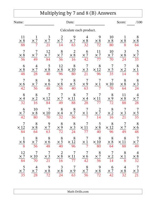 The Multiplying (1 to 12) by 7 and 8 (100 Questions) (B) Math Worksheet Page 2