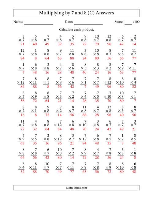 The Multiplying (1 to 12) by 7 and 8 (100 Questions) (C) Math Worksheet Page 2